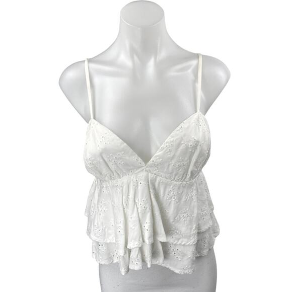 Ocean Drive White Sleeveless V Neck Ruffle Tiered Embroidery Peplum Blouse Top M - Picture 1 of 4